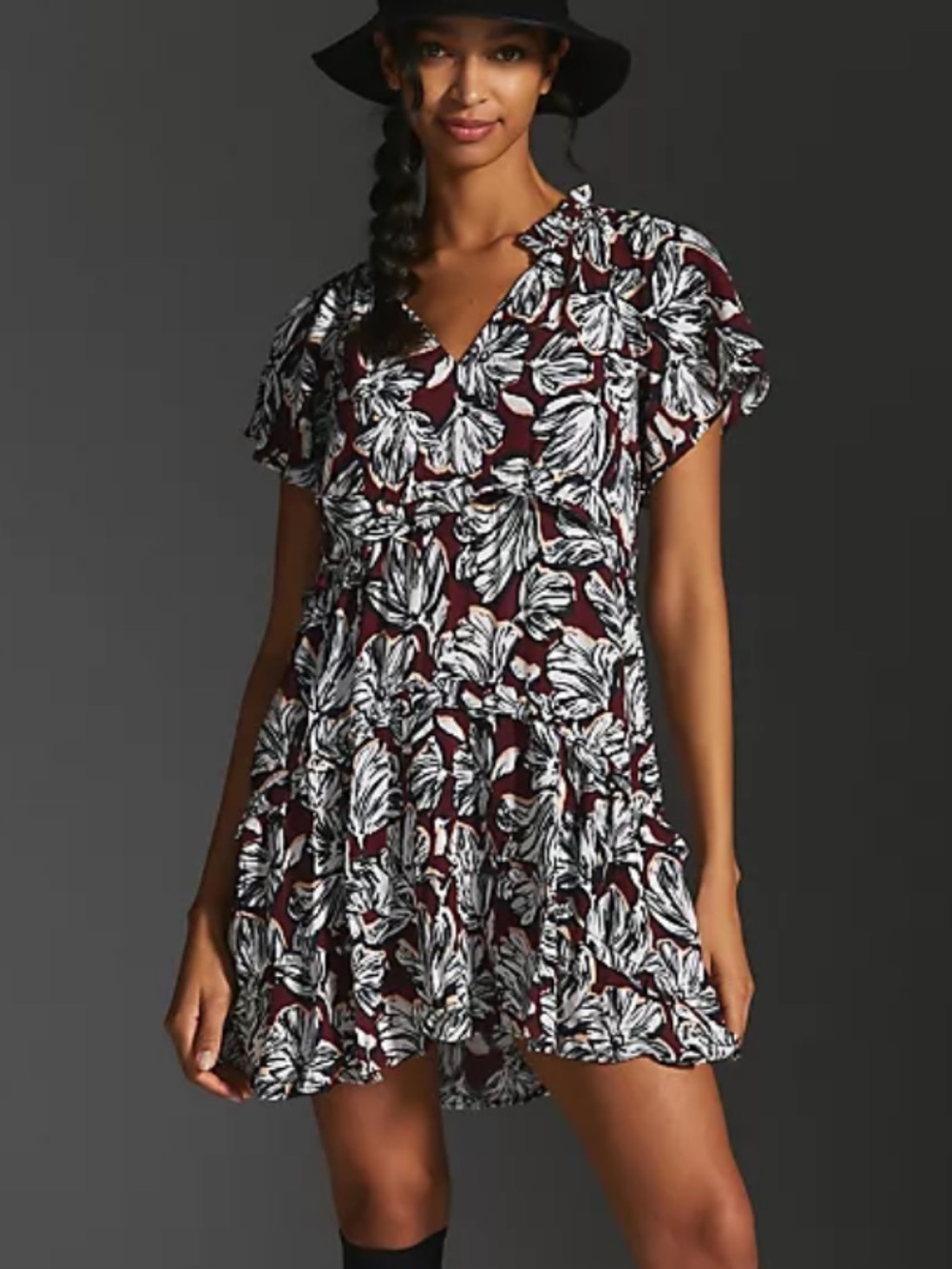 NWT Anthropologie Floral V-Neck Ruffle Mini Dress in Burgundy and White